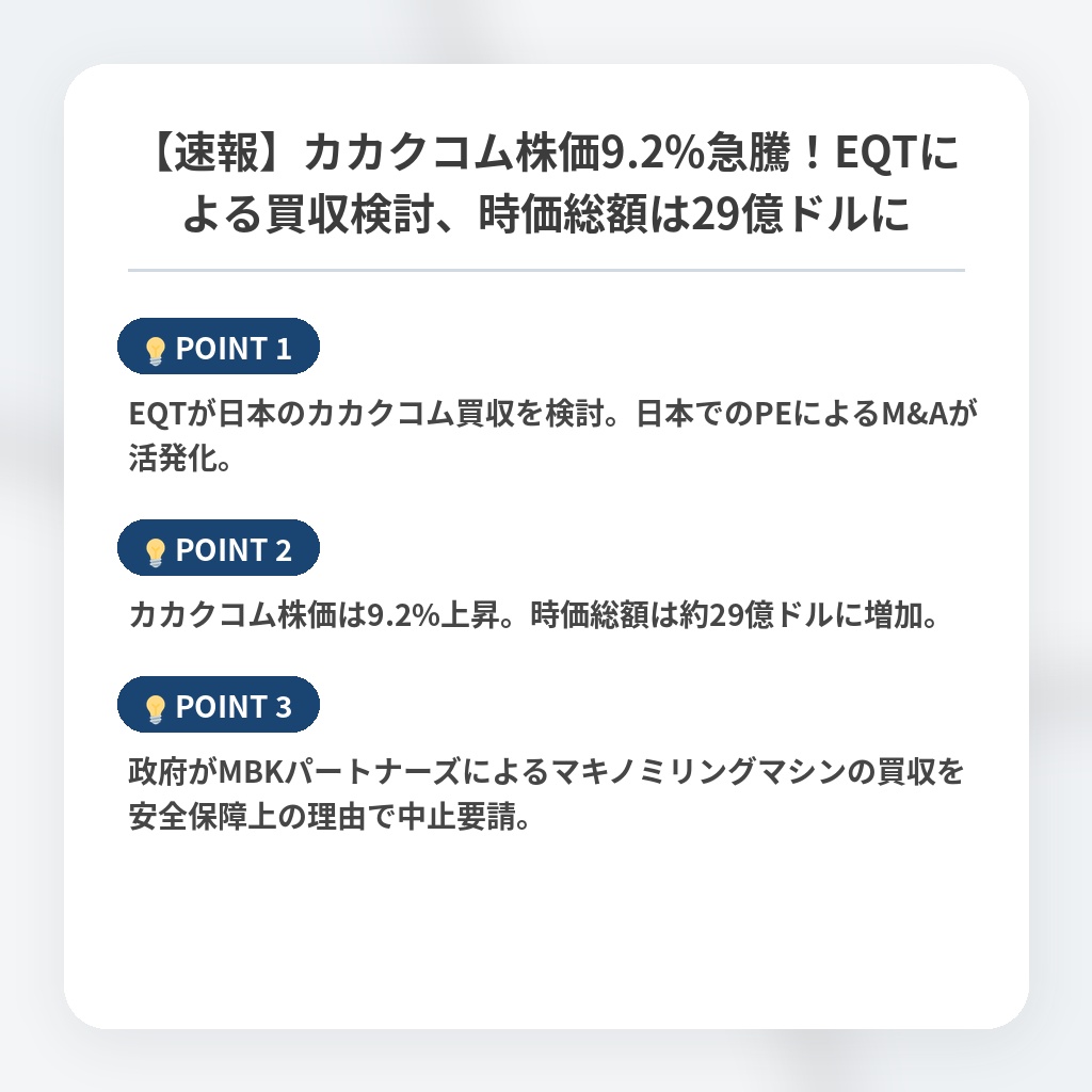 【速報】カカクコム株価9.2%急騰！EQTによる買収検討、時価総額は29億ドルにの注目ポイントまとめ