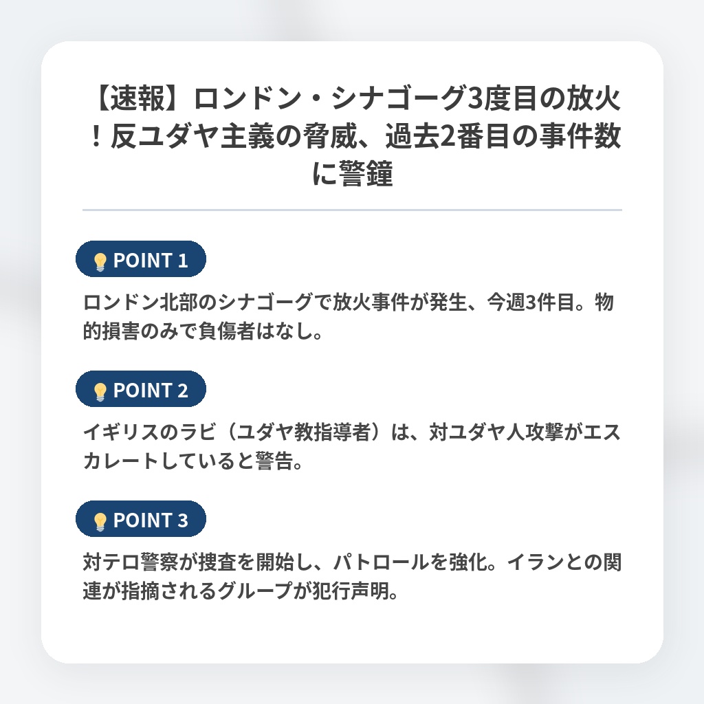 【速報】ロンドン・シナゴーグ3度目の放火！反ユダヤ主義の脅威、過去2番目の事件数に警鐘の注目ポイントまとめ