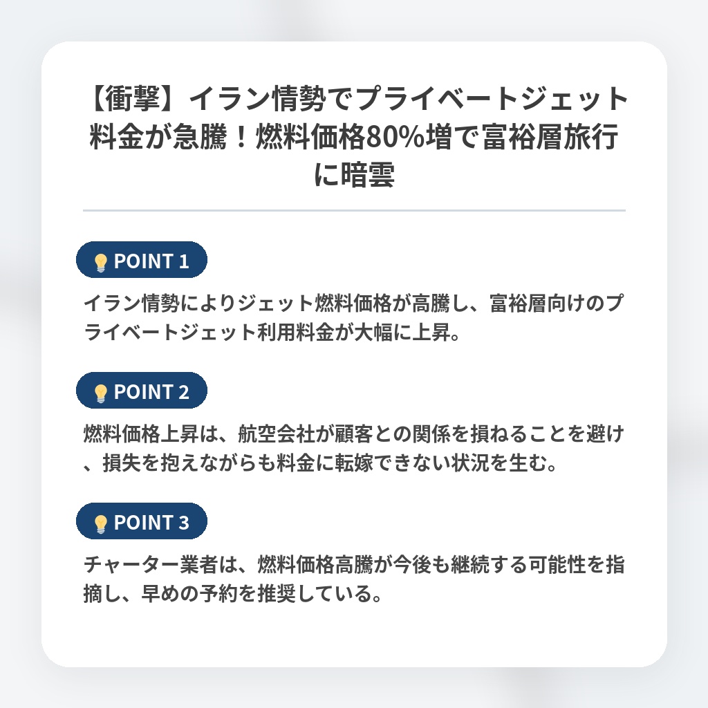 【衝撃】イラン情勢でプライベートジェット料金が急騰！燃料価格80%増で富裕層旅行に暗雲の注目ポイントまとめ