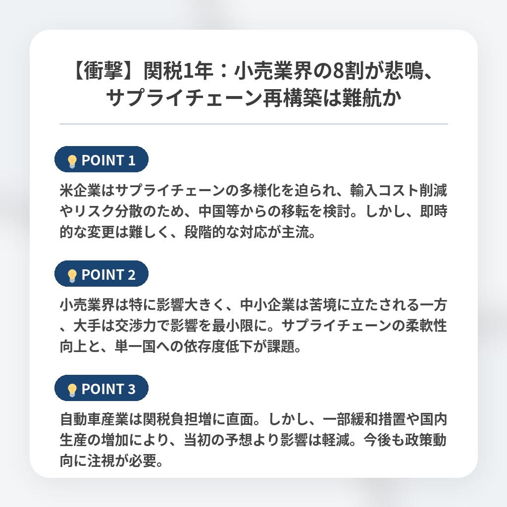 【衝撃】関税1年：小売業界の8割が悲鳴、サプライチェーン再構築は難航かの注目ポイントまとめ