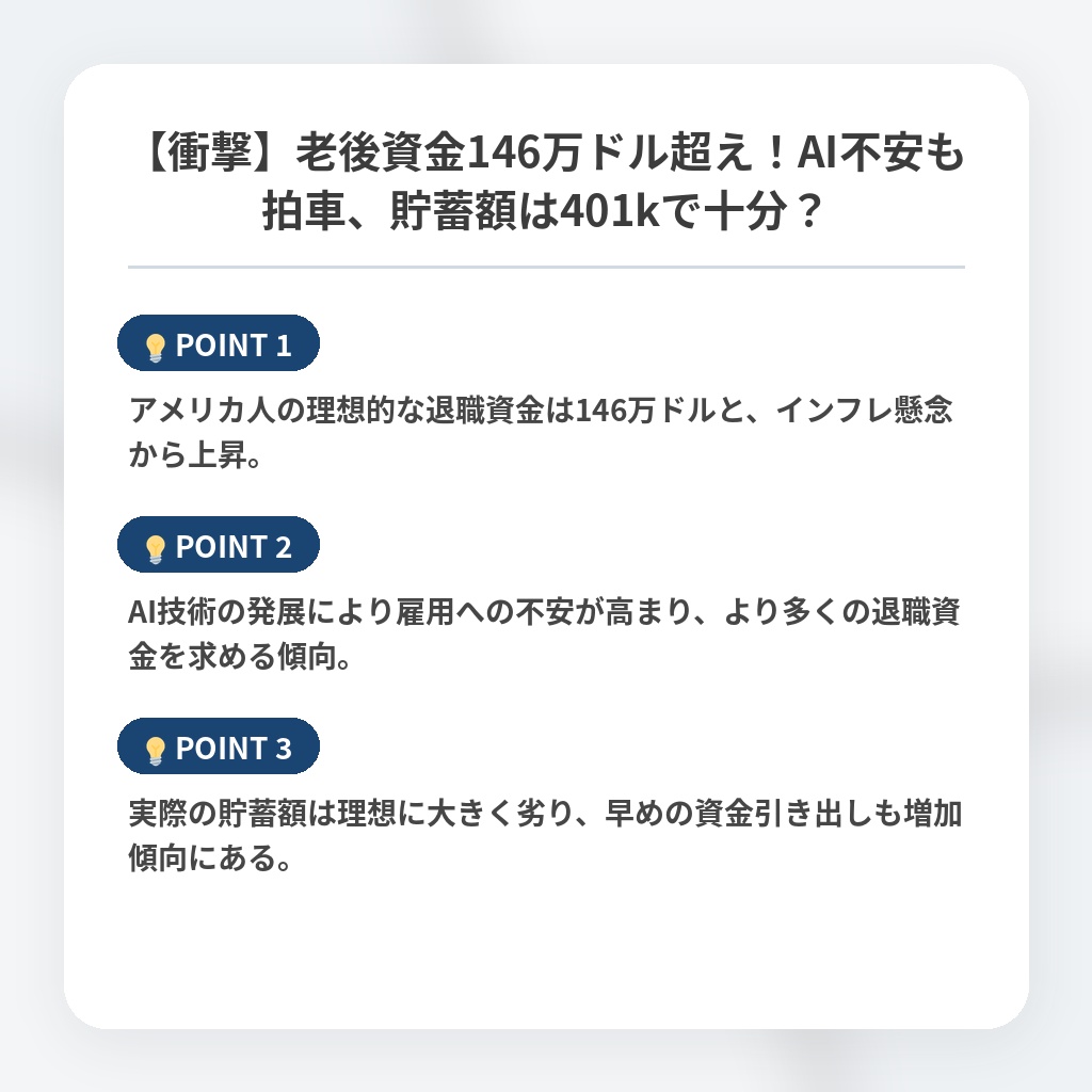 【衝撃】老後資金146万ドル超え！AI不安も拍車、貯蓄額は401kで十分？の注目ポイントまとめ