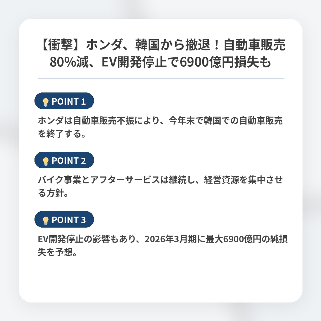 【衝撃】ホンダ、韓国から撤退！自動車販売80%減、EV開発停止で6900億円損失もの注目ポイントまとめ