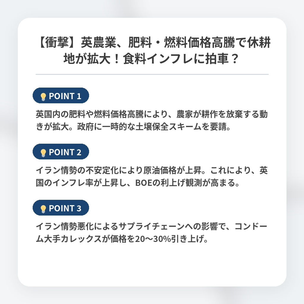 【衝撃】英農業、肥料・燃料価格高騰で休耕地が拡大！食料インフレに拍車？の注目ポイントまとめ