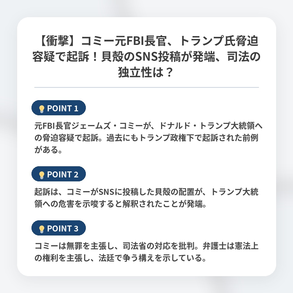【衝撃】コミー元FBI長官、トランプ氏脅迫容疑で起訴！貝殻のSNS投稿が発端、司法の独立性は？の注目ポイントまとめ