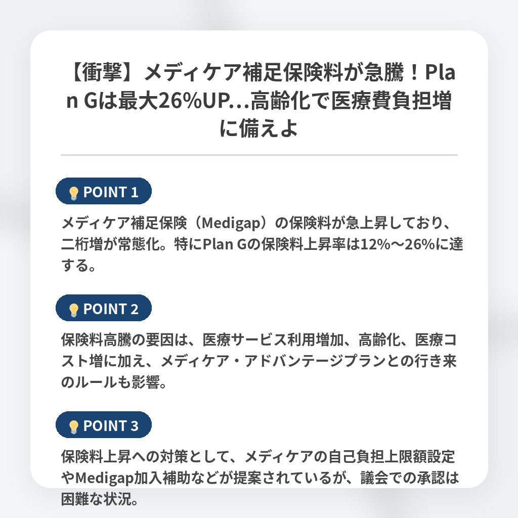 【衝撃】メディケア補足保険料が急騰！Plan Gは最大26%UP…高齢化で医療費負担増に備えよの注目ポイントまとめ