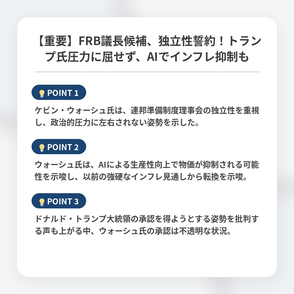【重要】FRB議長候補、独立性誓約！トランプ氏圧力に屈せず、AIでインフレ抑制もの注目ポイントまとめ