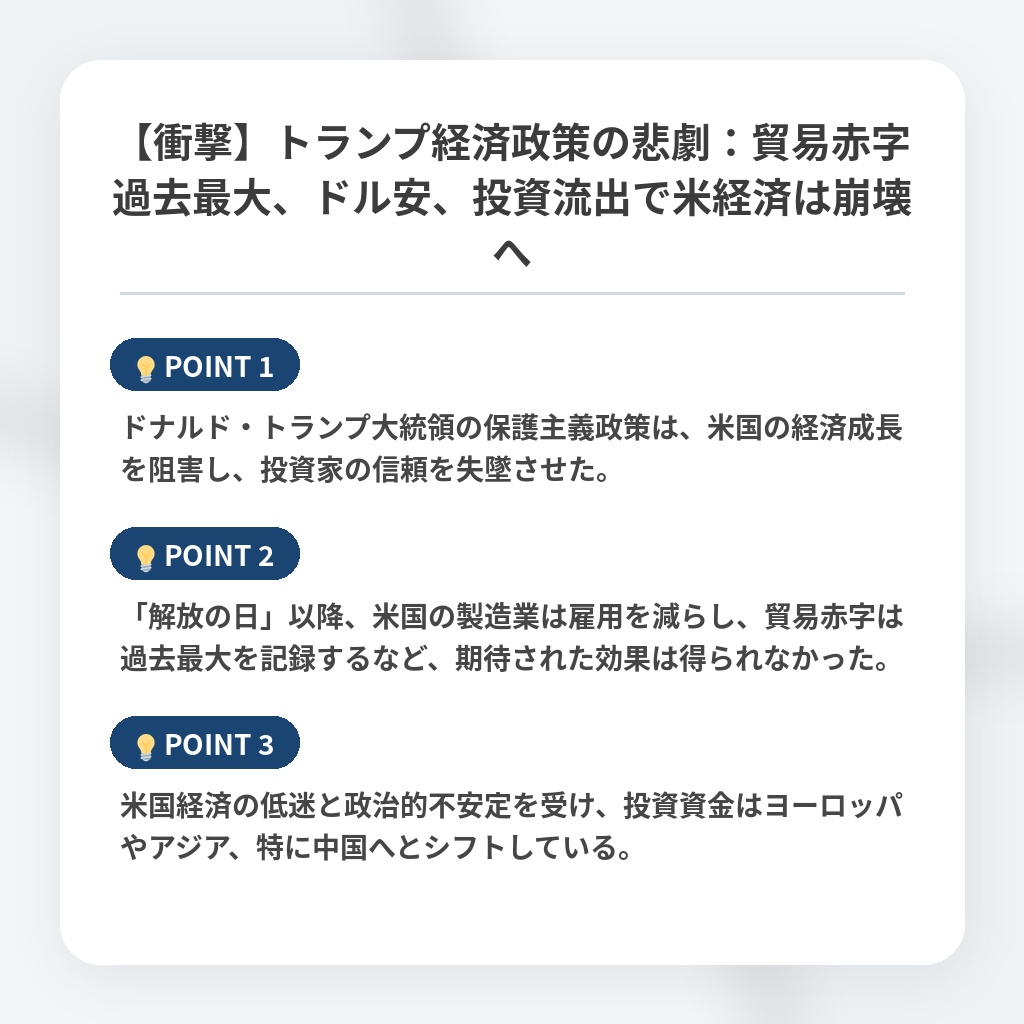 【衝撃】トランプ経済政策の悲劇：貿易赤字過去最大、ドル安、投資流出で米経済は崩壊への注目ポイントまとめ