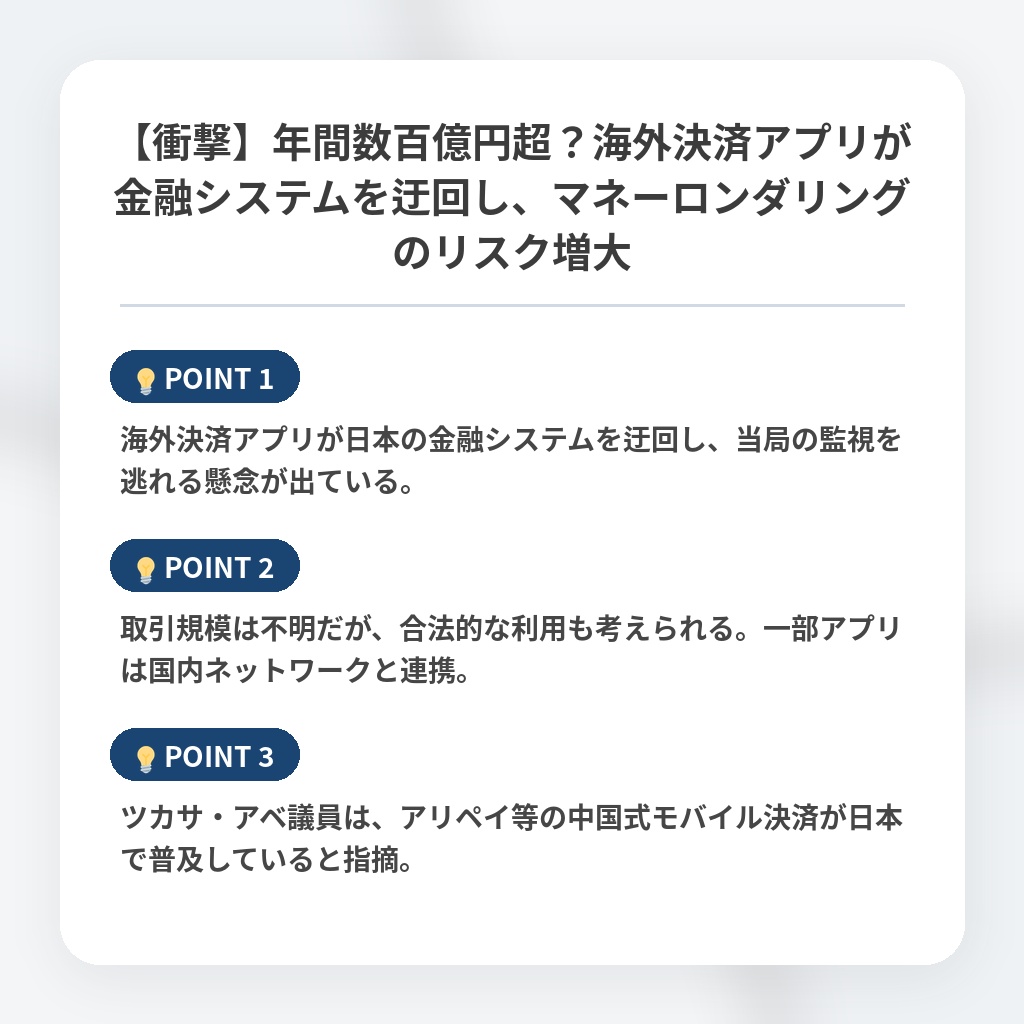 【衝撃】年間数百億円超？海外決済アプリが金融システムを迂回し、マネーロンダリングのリスク増大の注目ポイントまとめ