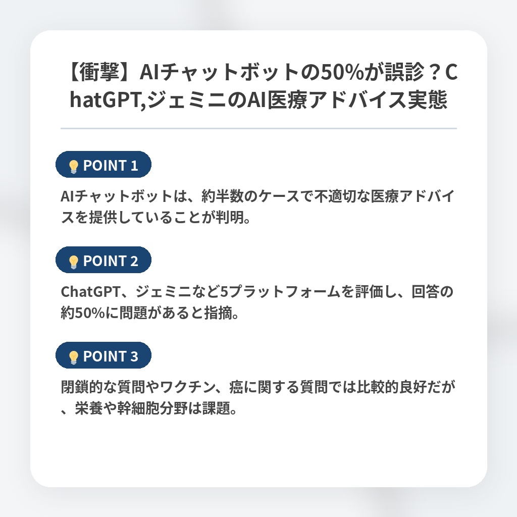 【衝撃】AIチャットボットの50%が誤診？ChatGPT,ジェミニのAI医療アドバイス実態の注目ポイントまとめ