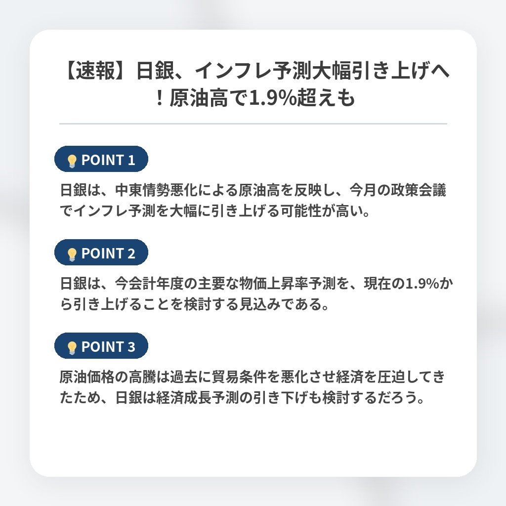 【速報】日銀、インフレ予測大幅引き上げへ!原油高で1.9%超えもの注目ポイントまとめ