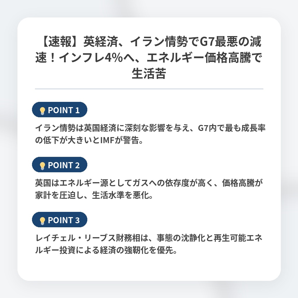 【速報】英経済、イラン情勢でG7最悪の減速！インフレ4％へ、エネルギー価格高騰で生活苦の注目ポイントまとめ