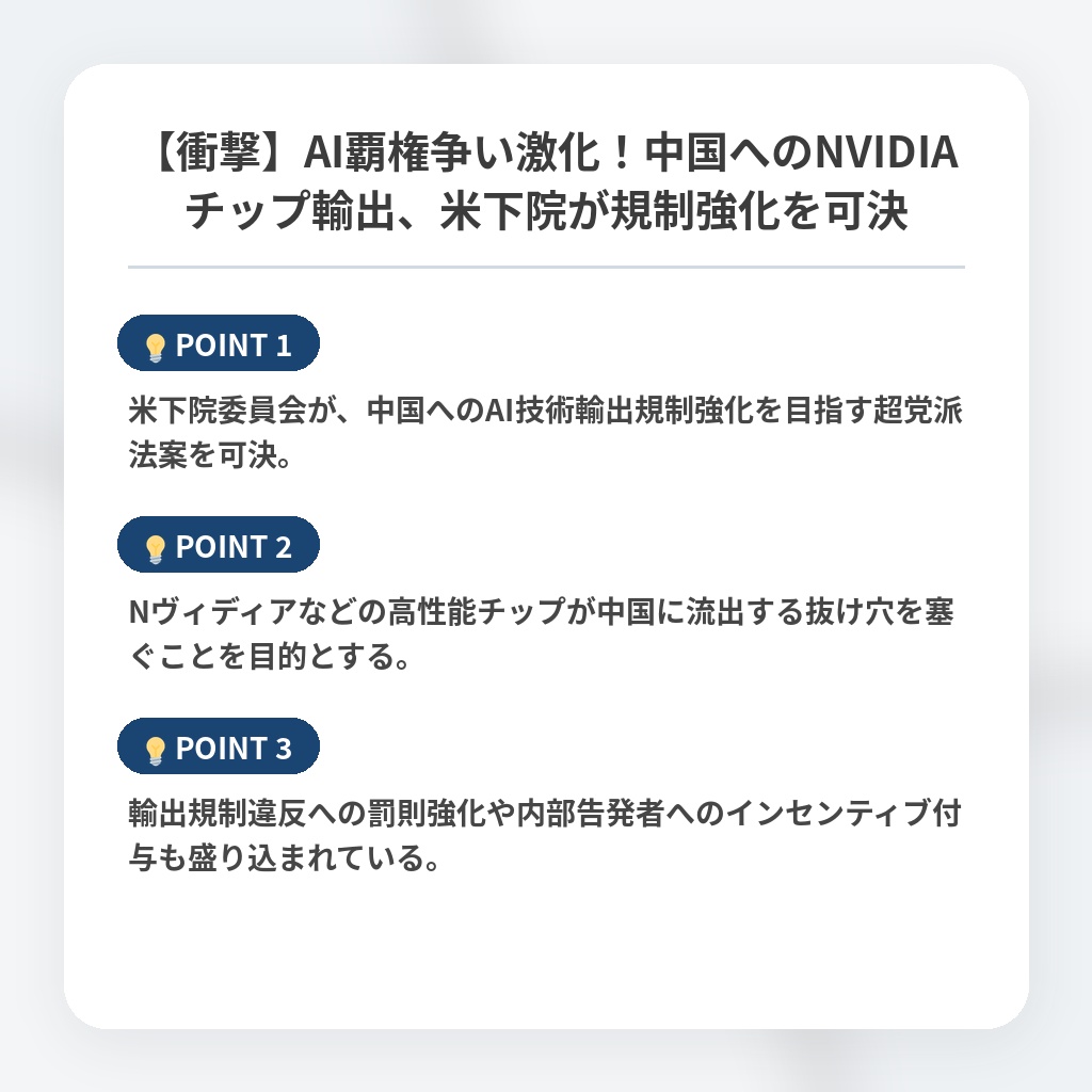 【衝撃】AI覇権争い激化！中国へのNVIDIAチップ輸出、米下院が規制強化を可決の注目ポイントまとめ