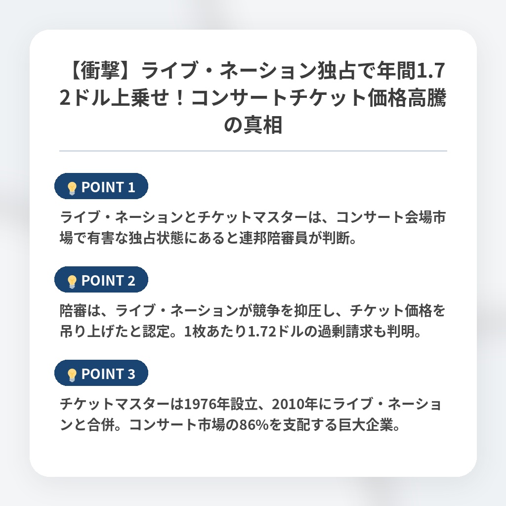 【衝撃】ライブ・ネーション独占で年間1.72ドル上乗せ!コンサートチケット価格高騰の真相の注目ポイントまとめ