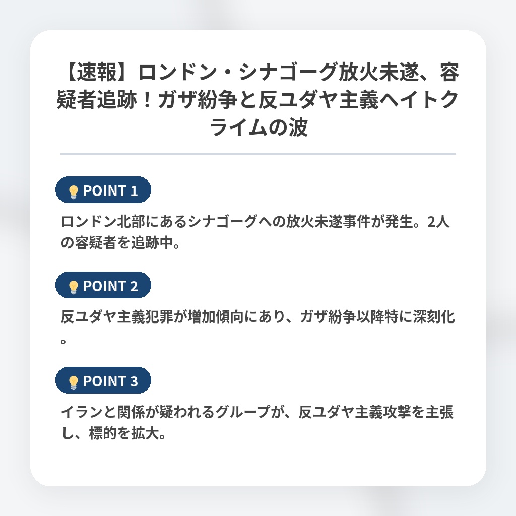 【速報】ロンドン・シナゴーグ放火未遂、容疑者追跡！ガザ紛争と反ユダヤ主義ヘイトクライムの波の注目ポイントまとめ