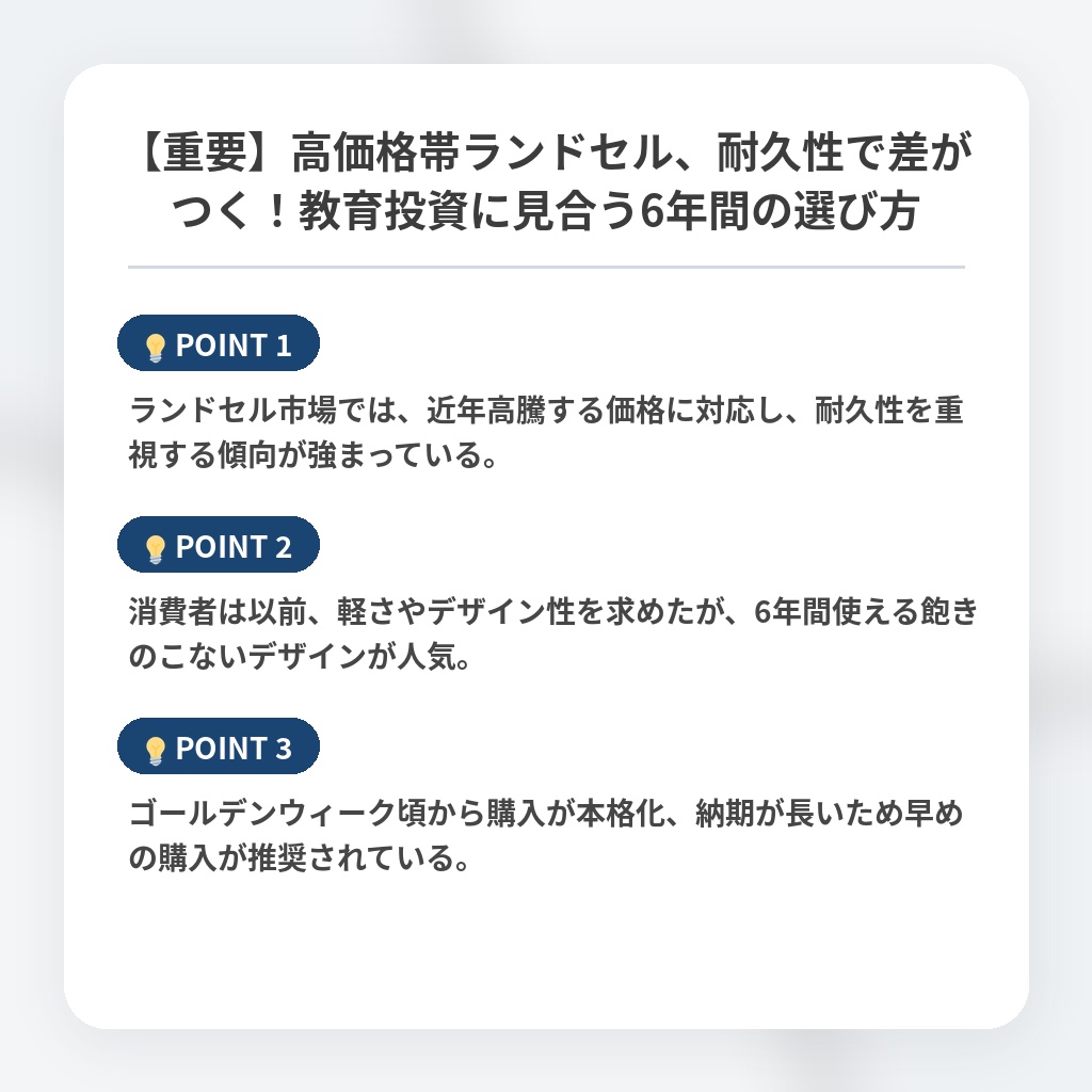 【重要】高価格帯ランドセル、耐久性で差がつく！教育投資に見合う6年間の選び方の注目ポイントまとめ