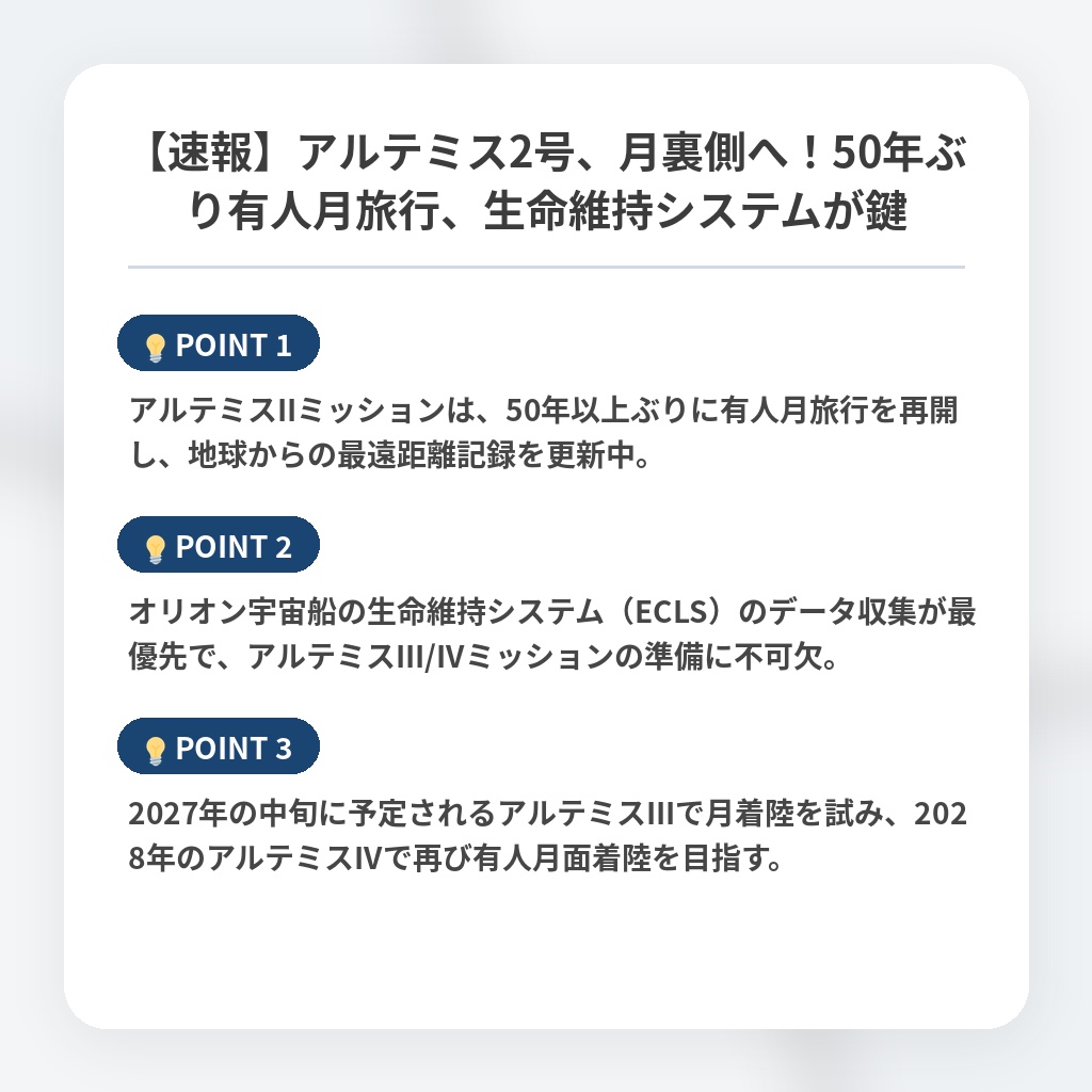 【速報】アルテミス2号、月裏側へ!50年ぶり有人月旅行、生命維持システムが鍵の注目ポイントまとめ