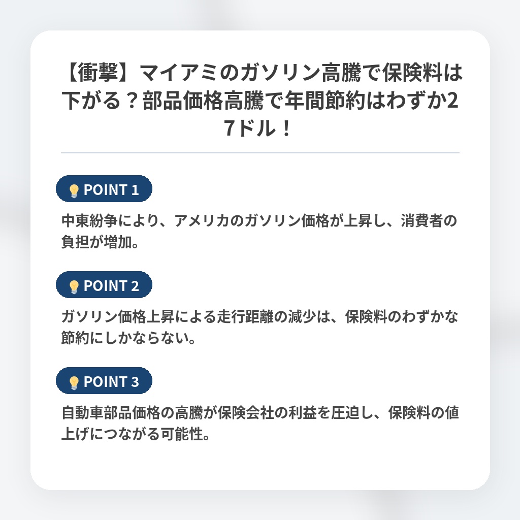 【衝撃】マイアミのガソリン高騰で保険料は下がる？部品価格高騰で年間節約はわずか27ドル！の注目ポイントまとめ