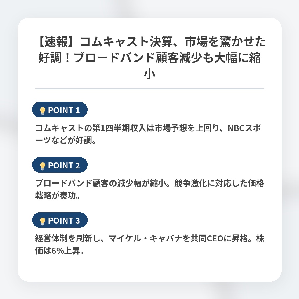 【速報】コムキャスト決算、市場を驚かせた好調！ブロードバンド顧客減少も大幅に縮小の注目ポイントまとめ