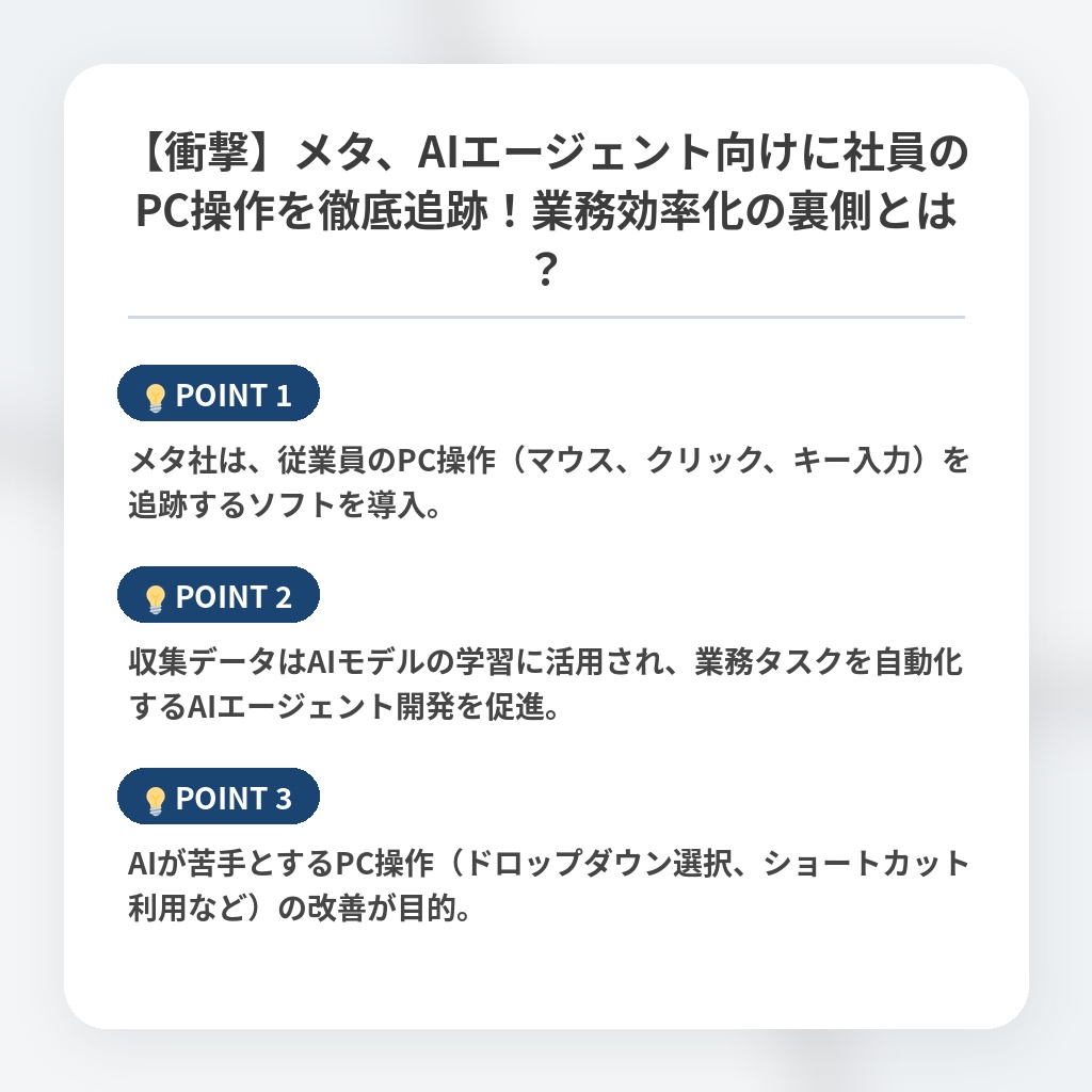 【衝撃】メタ、AIエージェント向けに社員のPC操作を徹底追跡！業務効率化の裏側とは？の注目ポイントまとめ