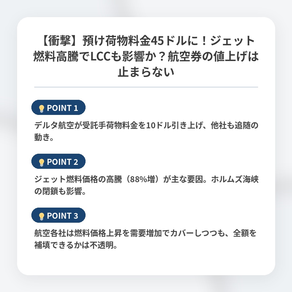 【衝撃】預け荷物料金45ドルに!ジェット燃料高騰でLCCも影響か?航空券の値上げは止まらないの注目ポイントまとめ