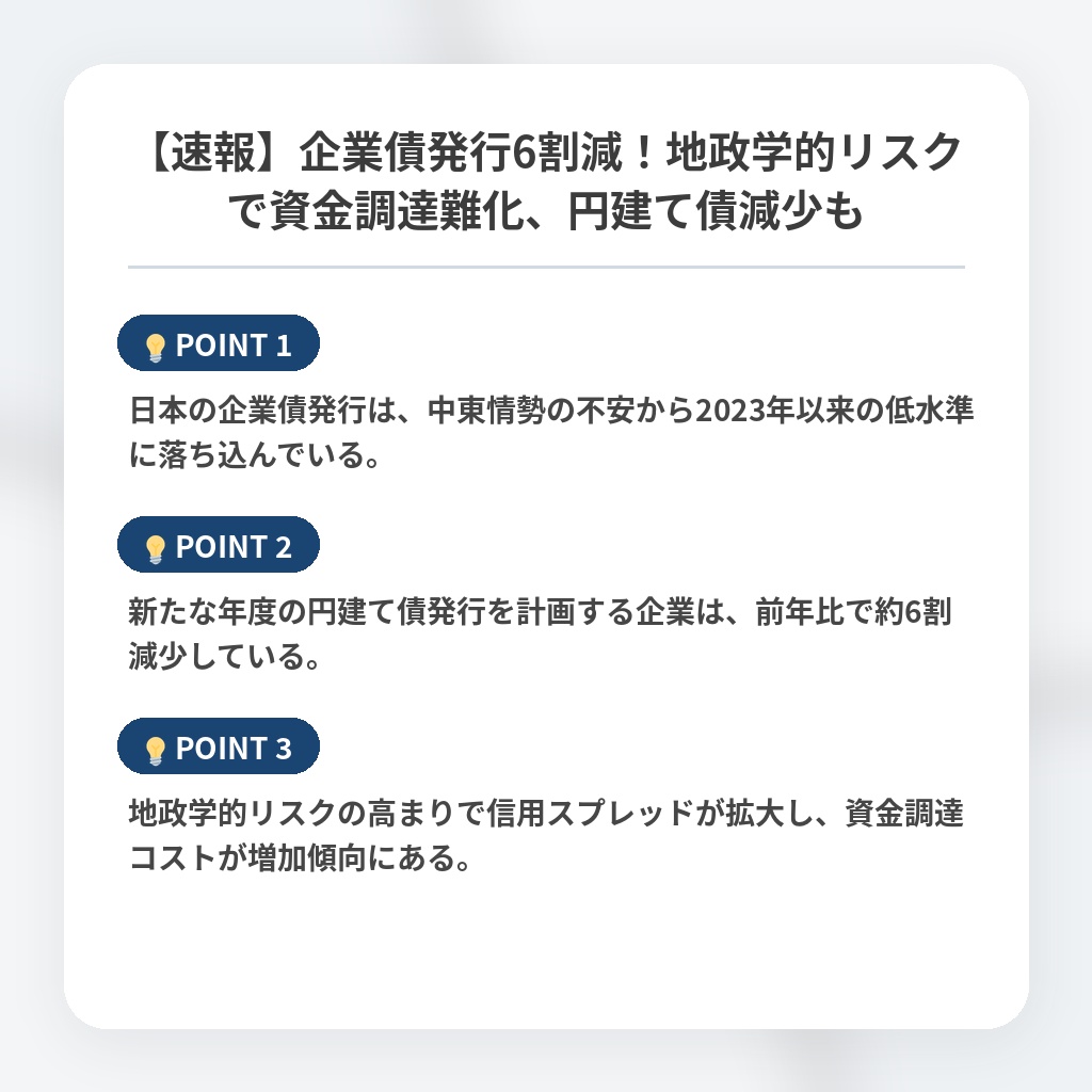 【速報】企業債発行6割減！地政学的リスクで資金調達難化、円建て債減少もの注目ポイントまとめ
