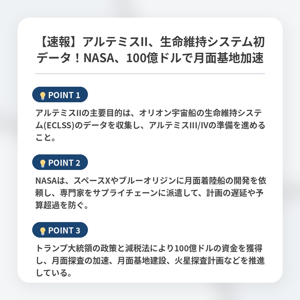 【速報】アルテミスII、生命維持システム初データ!NASA、100億ドルで月面基地加速の注目ポイントまとめ