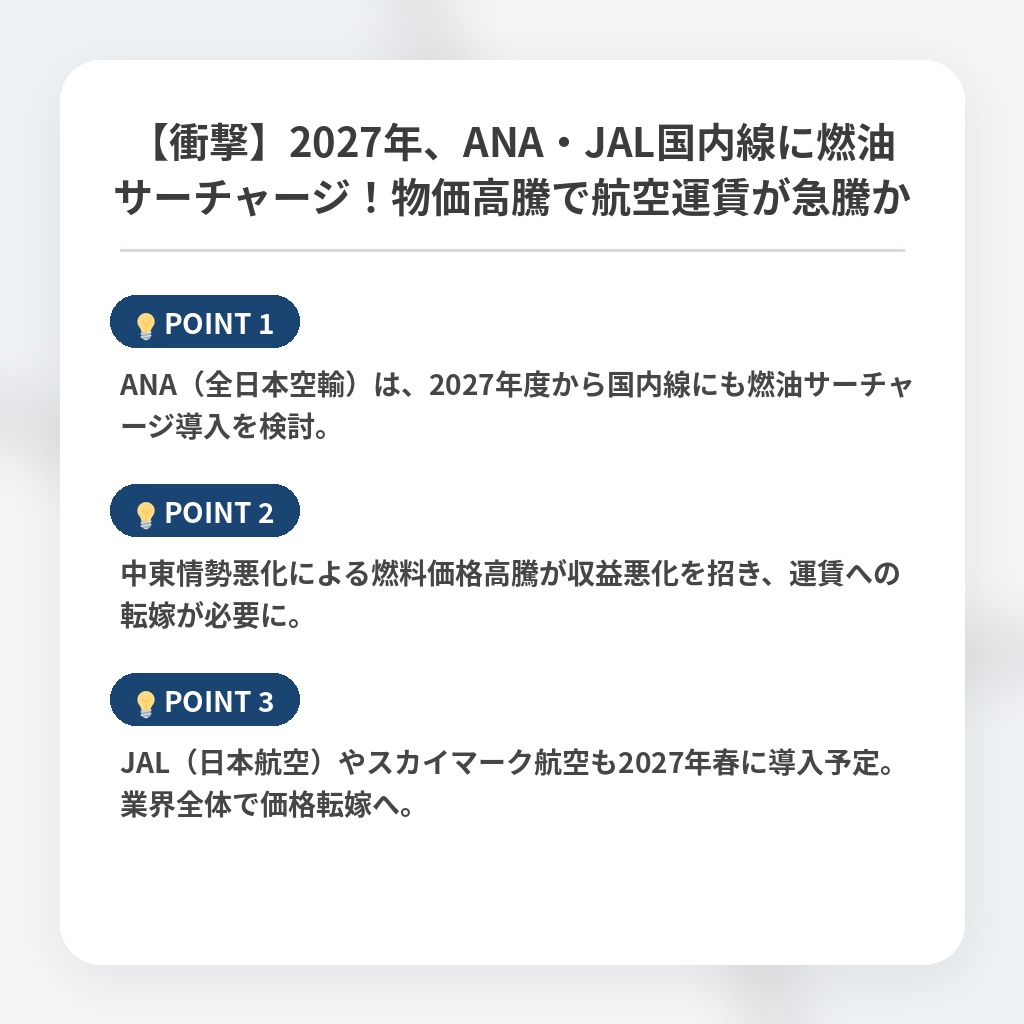 【衝撃】2027年、ANA・JAL国内線に燃油サーチャージ！物価高騰で航空運賃が急騰かの注目ポイントまとめ