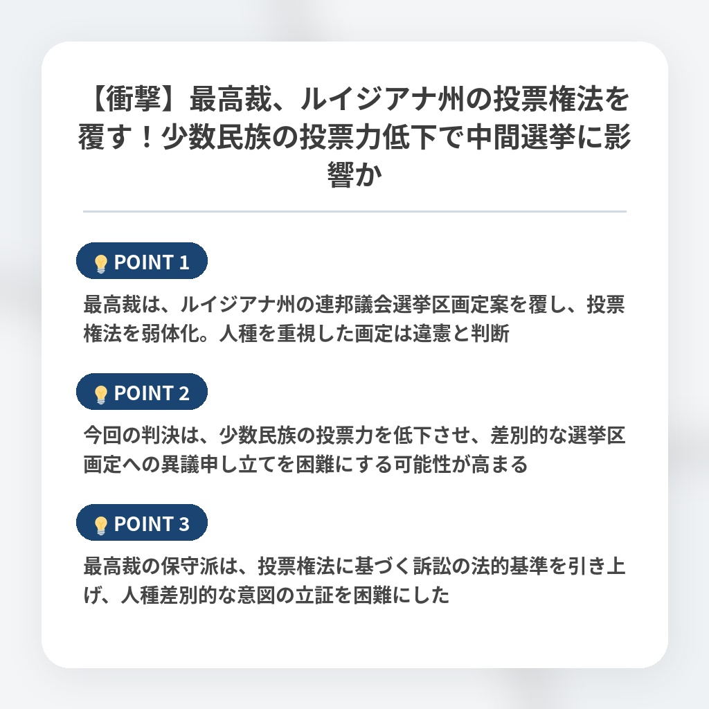 【衝撃】最高裁、ルイジアナ州の投票権法を覆す！少数民族の投票力低下で中間選挙に影響かの注目ポイントまとめ