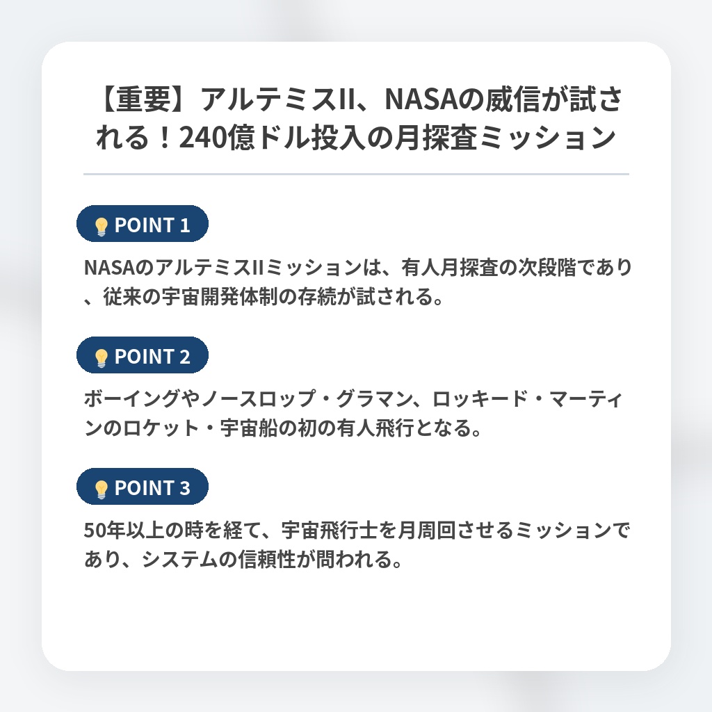 【重要】アルテミスII、NASAの威信が試される！240億ドル投入の月探査ミッションの注目ポイントまとめ