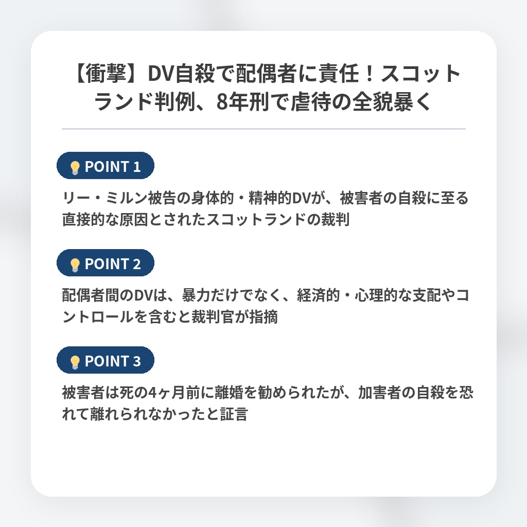 【衝撃】DV自殺で配偶者に責任！スコットランド判例、8年刑で虐待の全貌暴くの注目ポイントまとめ