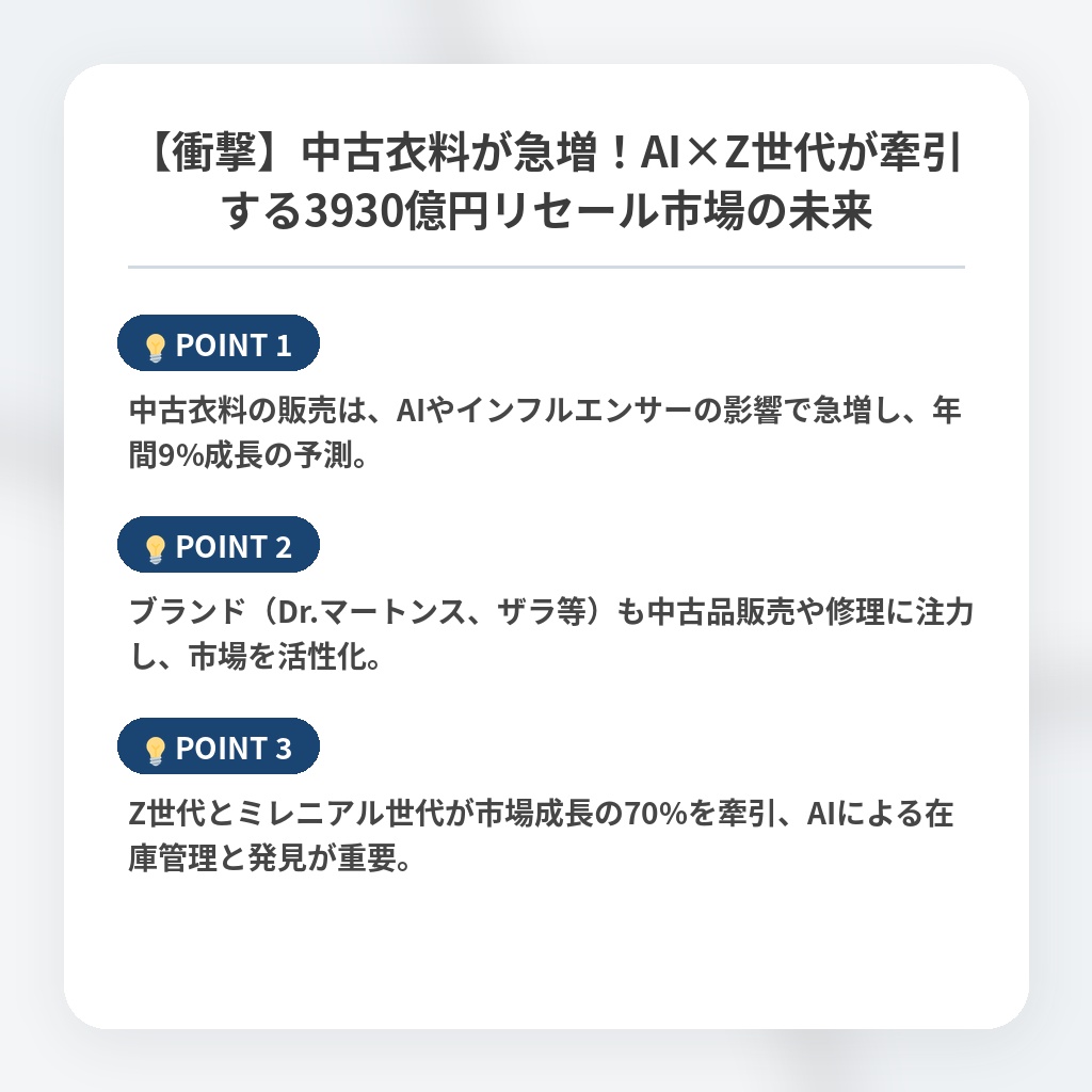 【衝撃】中古衣料が急増！AI×Z世代が牽引する3930億円リセール市場の未来の注目ポイントまとめ