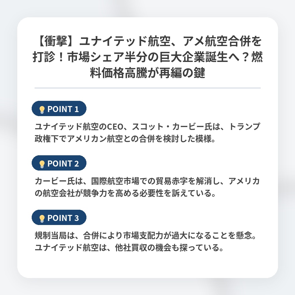【衝撃】ユナイテッド航空、アメ航空合併を打診！市場シェア半分の巨大企業誕生へ？燃料価格高騰が再編の鍵の注目ポイントまとめ