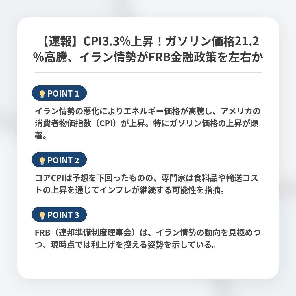 【速報】CPI3.3%上昇！ガソリン価格21.2%高騰、イラン情勢がFRB金融政策を左右かの注目ポイントまとめ
