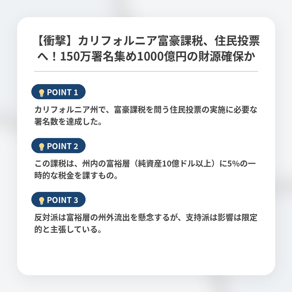 【衝撃】カリフォルニア富豪課税、住民投票へ！150万署名集め1000億円の財源確保かの注目ポイントまとめ