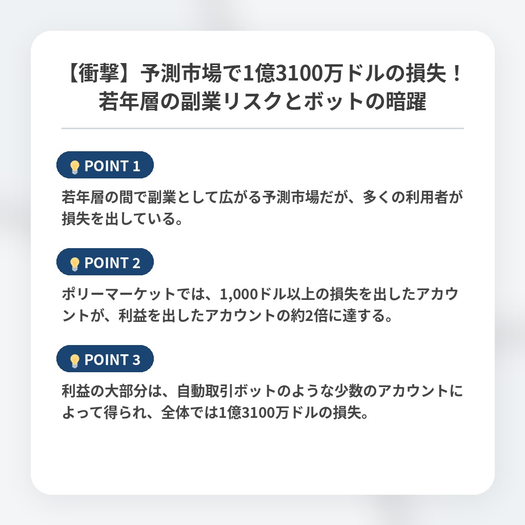 【衝撃】予測市場で1億3100万ドルの損失！若年層の副業リスクとボットの暗躍の注目ポイントまとめ