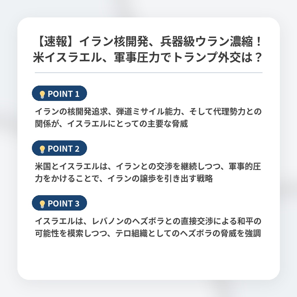 【速報】イラン核開発、兵器級ウラン濃縮!米イスラエル、軍事圧力でトランプ外交は?の注目ポイントまとめ