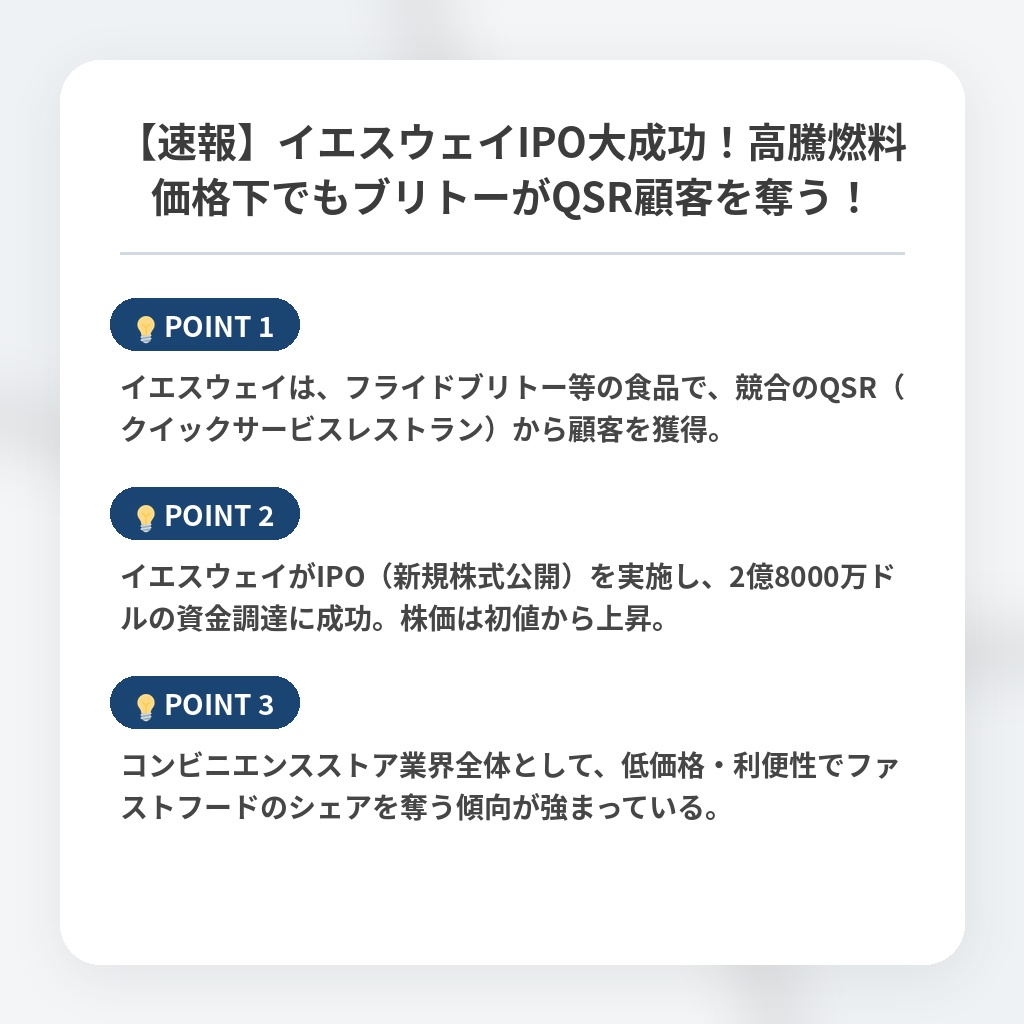 【速報】イエスウェイIPO大成功！高騰燃料価格下でもブリトーがQSR顧客を奪う！の注目ポイントまとめ