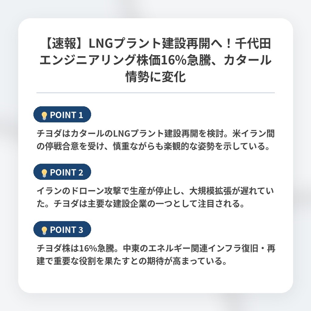 【速報】LNGプラント建設再開へ！千代田エンジニアリング株価16%急騰、カタール情勢に変化の注目ポイントまとめ