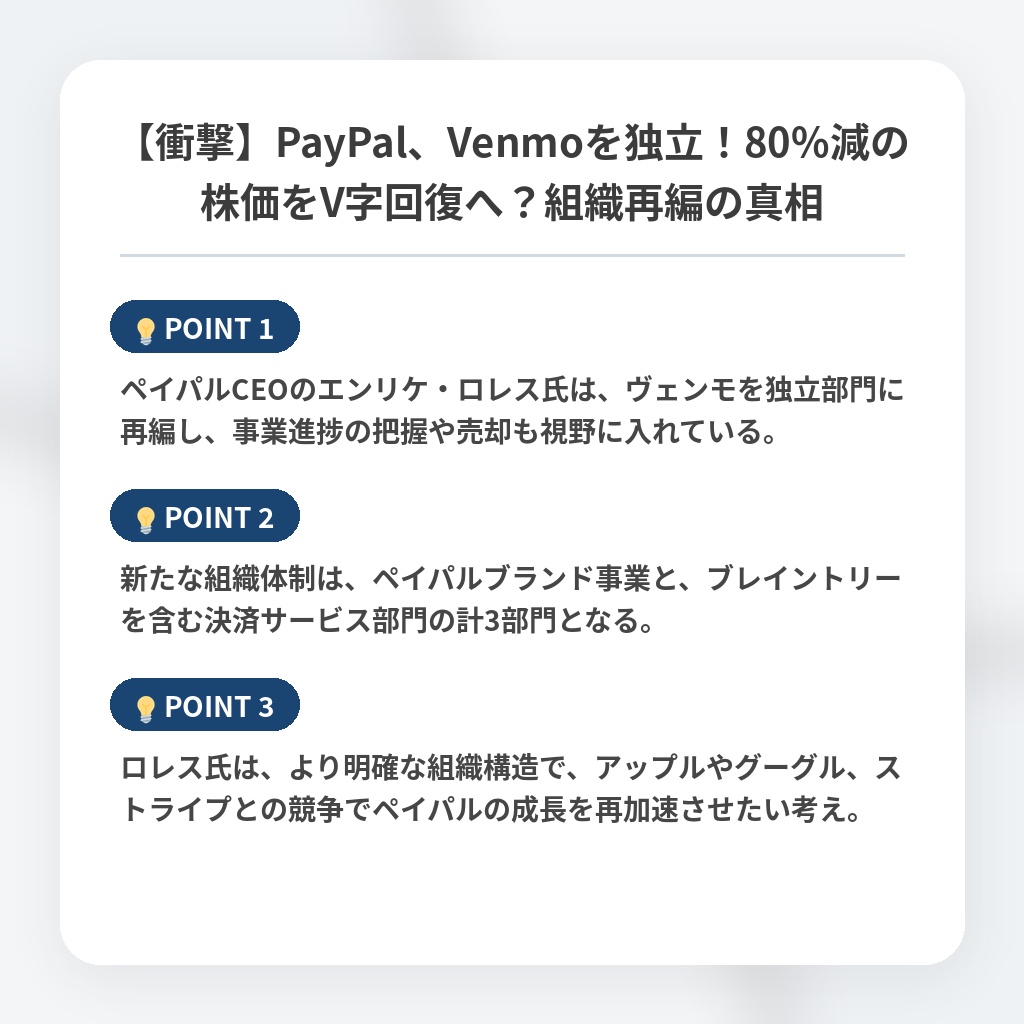 【衝撃】PayPal、Venmoを独立！80%減の株価をV字回復へ？組織再編の真相の注目ポイントまとめ