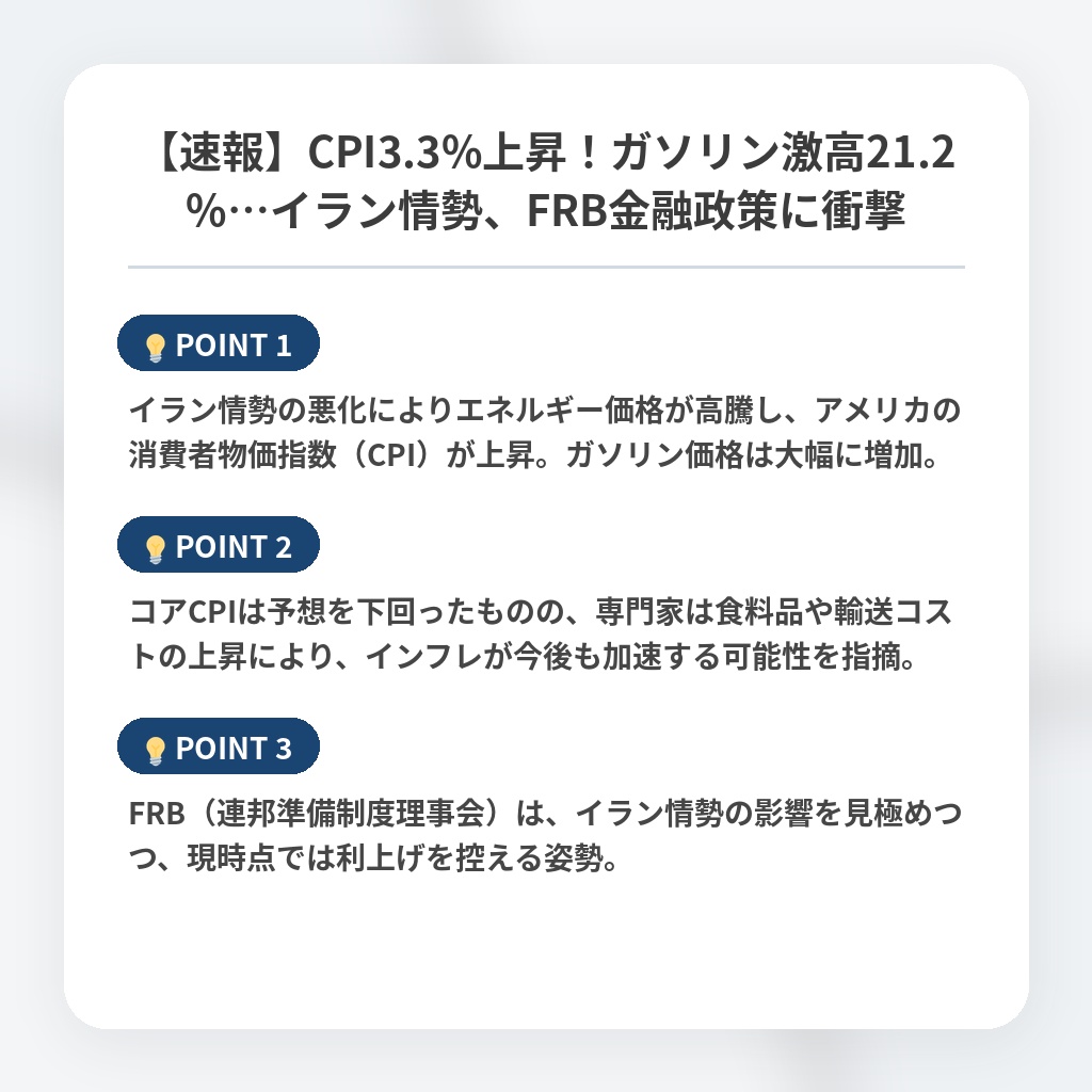 【速報】CPI3.3%上昇!ガソリン激高21.2%…イラン情勢、FRB金融政策に衝撃の注目ポイントまとめ