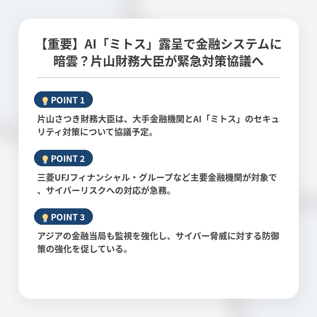 【重要】AI「ミトス」露呈で金融システムに暗雲？片山財務大臣が緊急対策協議への注目ポイントまとめ