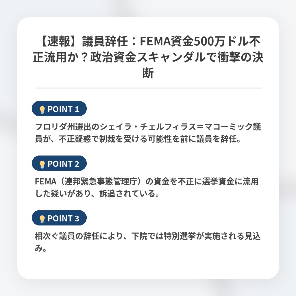 【速報】議員辞任：FEMA資金500万ドル不正流用か？政治資金スキャンダルで衝撃の決断の注目ポイントまとめ