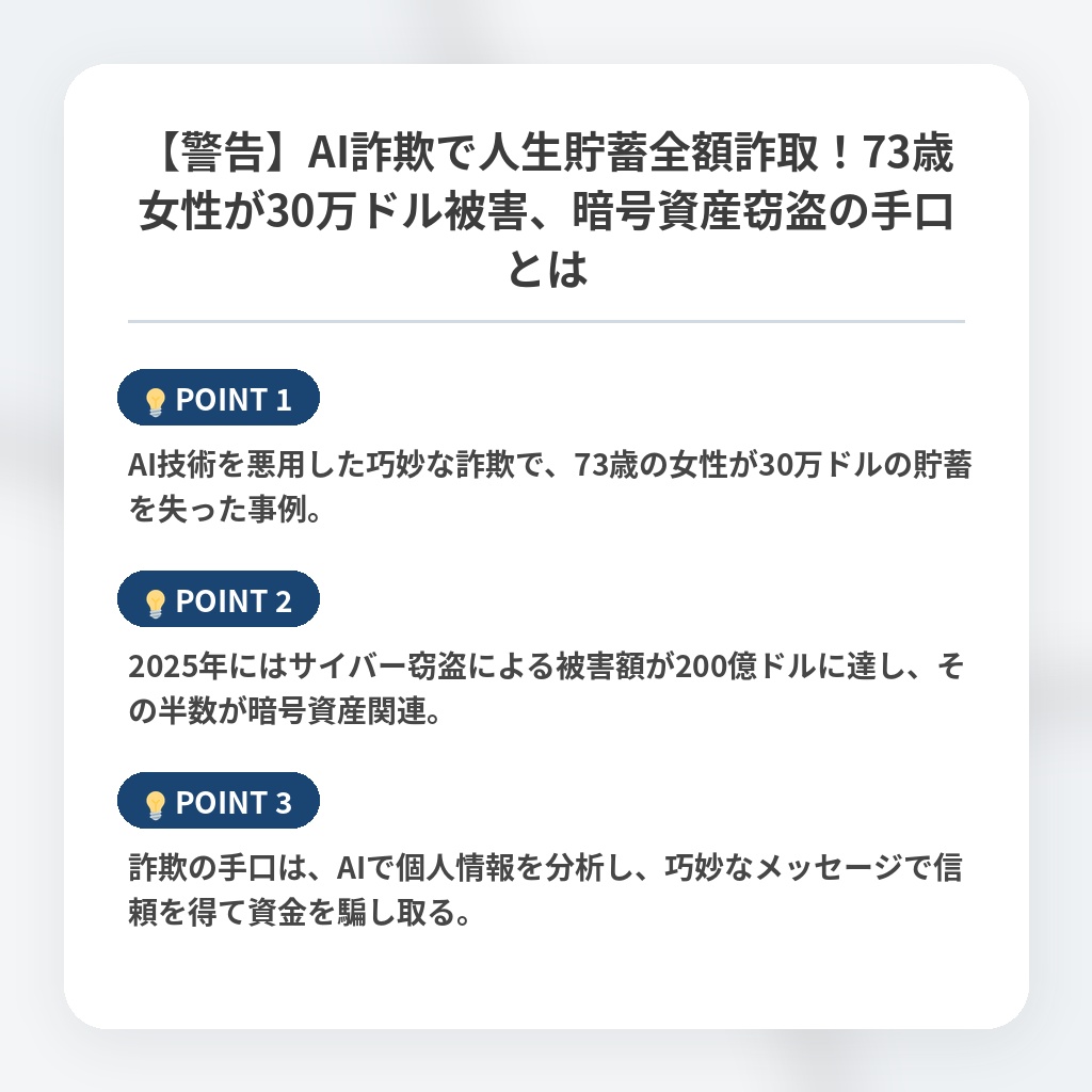 【警告】AI詐欺で人生貯蓄全額詐取！73歳女性が30万ドル被害、暗号資産窃盗の手口とはの注目ポイントまとめ