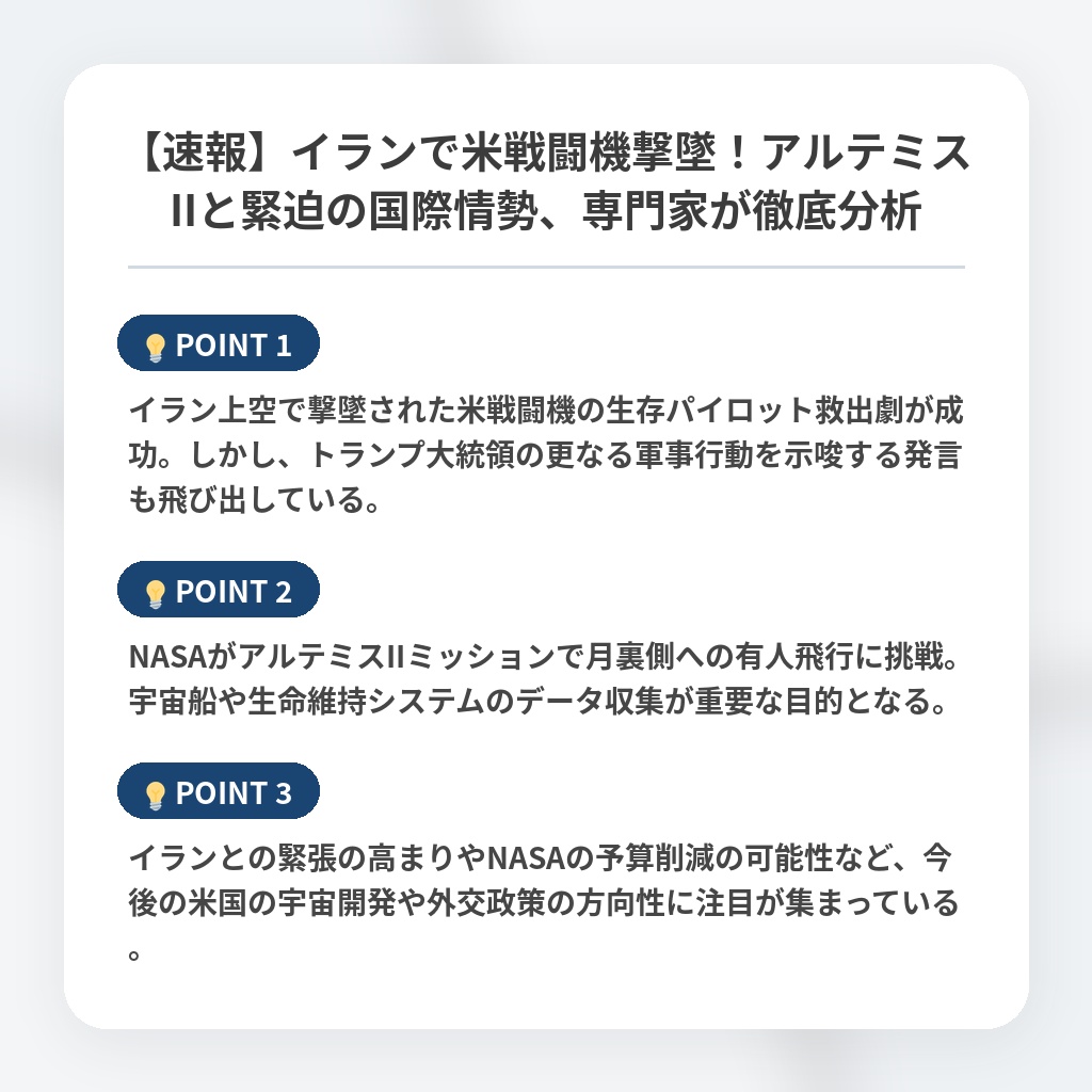 【速報】イランで米戦闘機撃墜!アルテミスIIと緊迫の国際情勢、専門家が徹底分析の注目ポイントまとめ