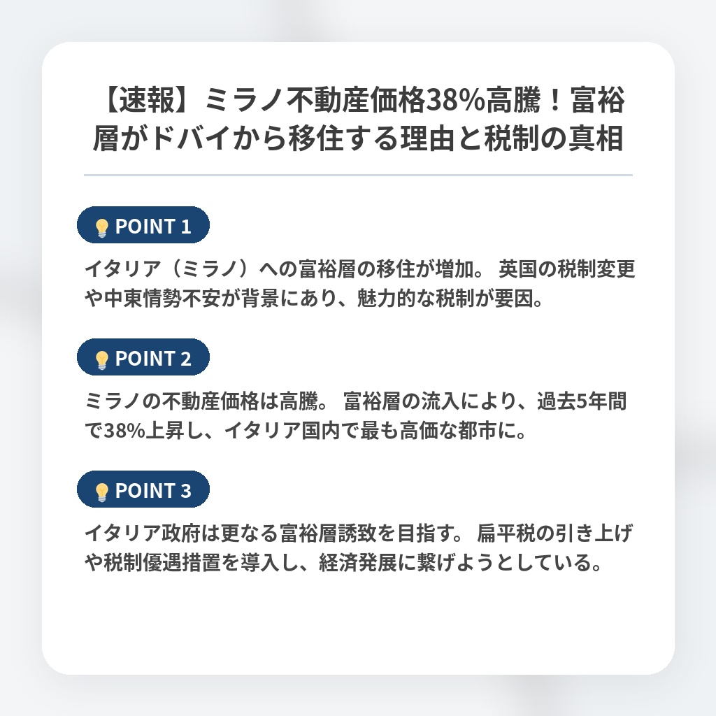 【速報】ミラノ不動産価格38%高騰!富裕層がドバイから移住する理由と税制の真相の注目ポイントまとめ