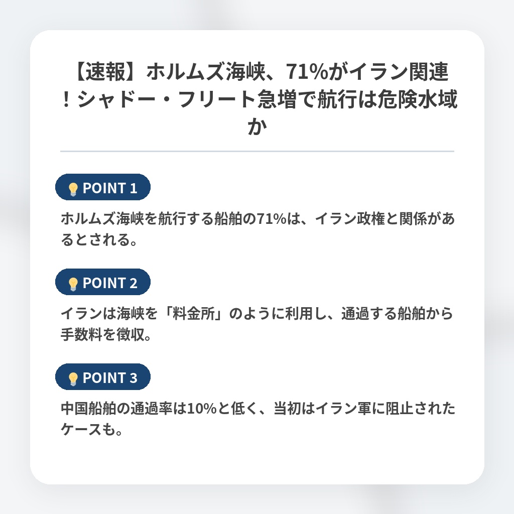 【速報】ホルムズ海峡、71%がイラン関連！シャドー・フリート急増で航行は危険水域かの注目ポイントまとめ