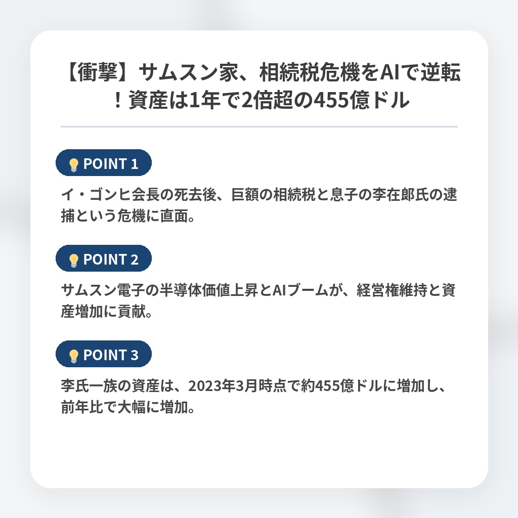 【衝撃】サムスン家、相続税危機をAIで逆転！資産は1年で2倍超の455億ドルの注目ポイントまとめ