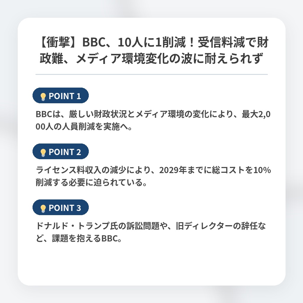 【衝撃】BBC、10人に1削減！受信料減で財政難、メディア環境変化の波に耐えられずの注目ポイントまとめ