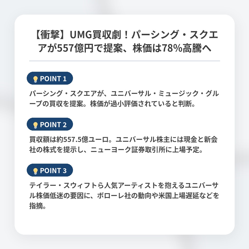 【衝撃】UMG買収劇!パーシング・スクエアが557億円で提案、株価は78%高騰への注目ポイントまとめ