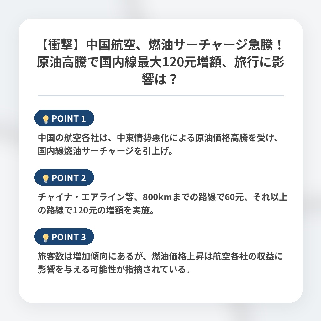 【衝撃】中国航空、燃油サーチャージ急騰！原油高騰で国内線最大120元増額、旅行に影響は？の注目ポイントまとめ